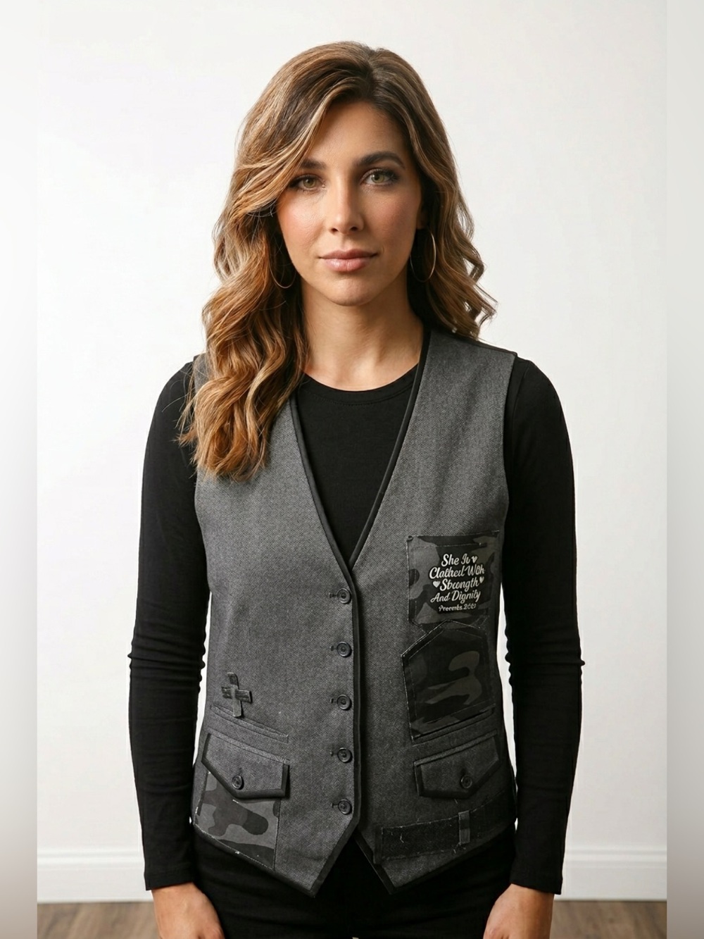 Upcycled Gray Button-Front Vest w camo accent and patches size M